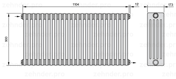 Схема (чертеж) Радиатор Zehnder Charleston 5090/24 №1670 Белый глянцевый RAL 9016